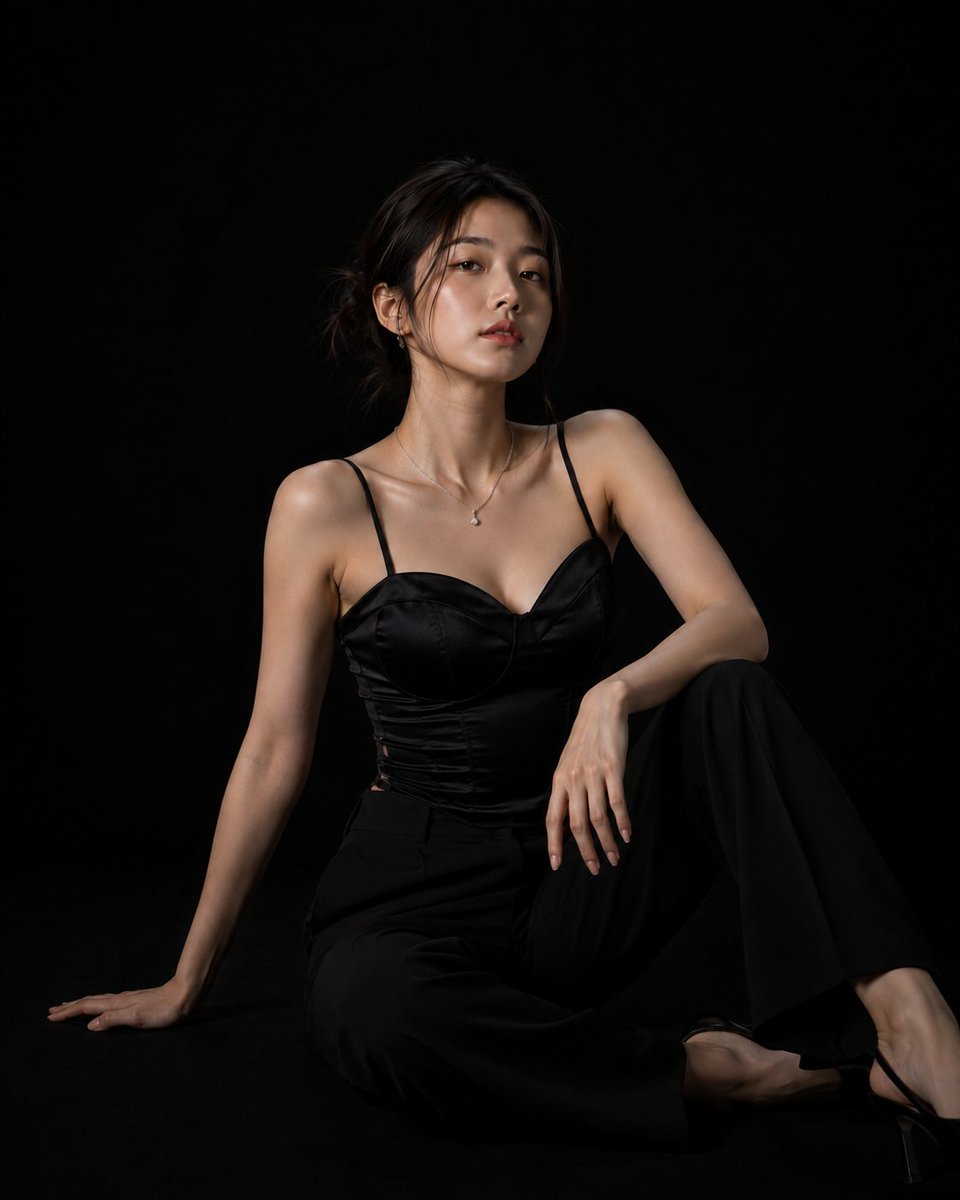 超写实高端时尚摄影棚拍摄:一位美丽的年轻韩国女性,年约二十出头,自信地站在完全无缝的哑光纯黑背景前。光线极其克制且经过精心设计,仅使用一盏柔和的定向主光,只照亮她的面部、头发和轮…