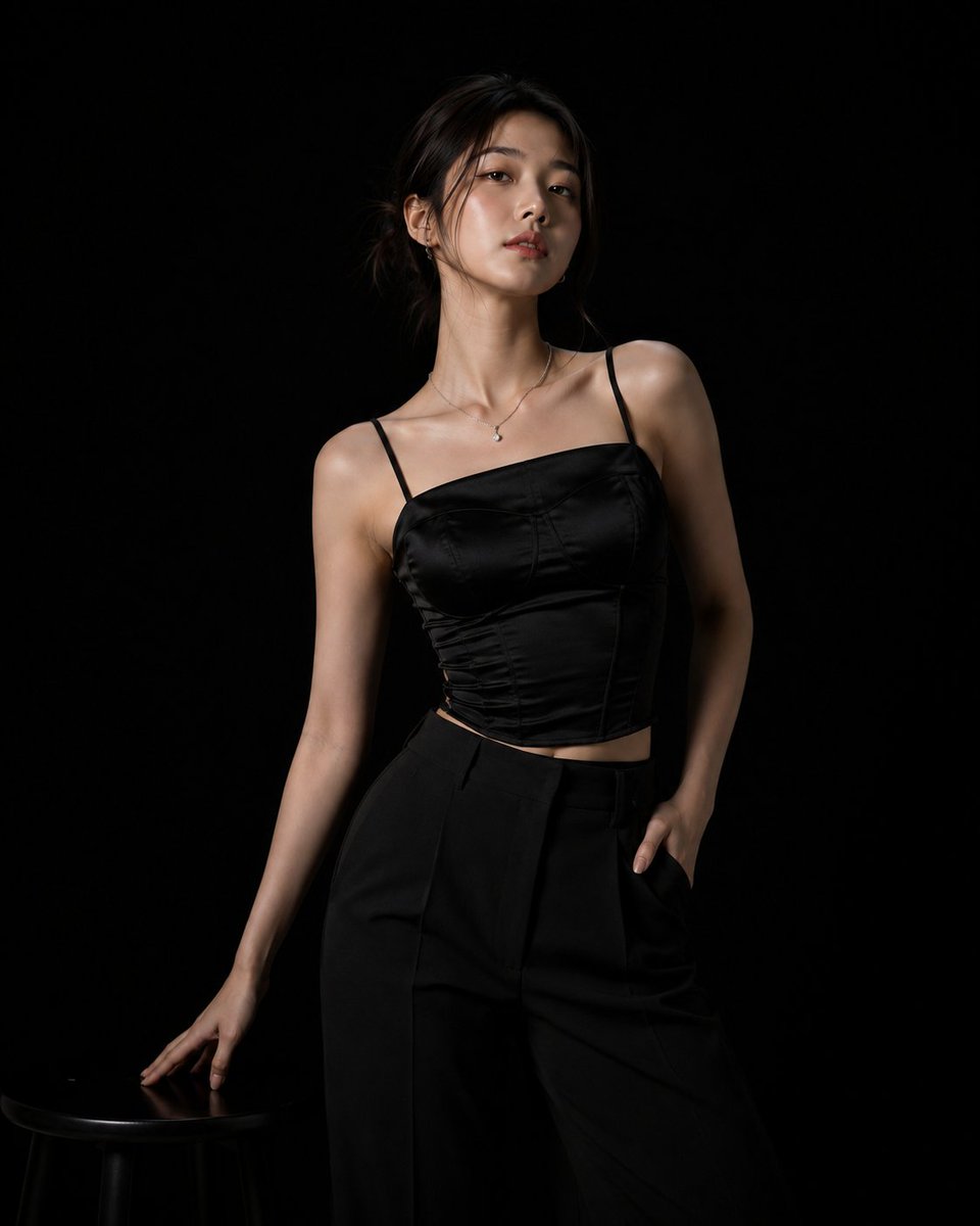 超写实高端时尚摄影棚拍摄:一位美丽的年轻韩国女性,年约二十出头,自信地站在完全无缝的哑光纯黑背景前。光线极其克制且经过精心设计,仅使用一盏柔和的定向主光,只照亮她的面部、头发和轮…