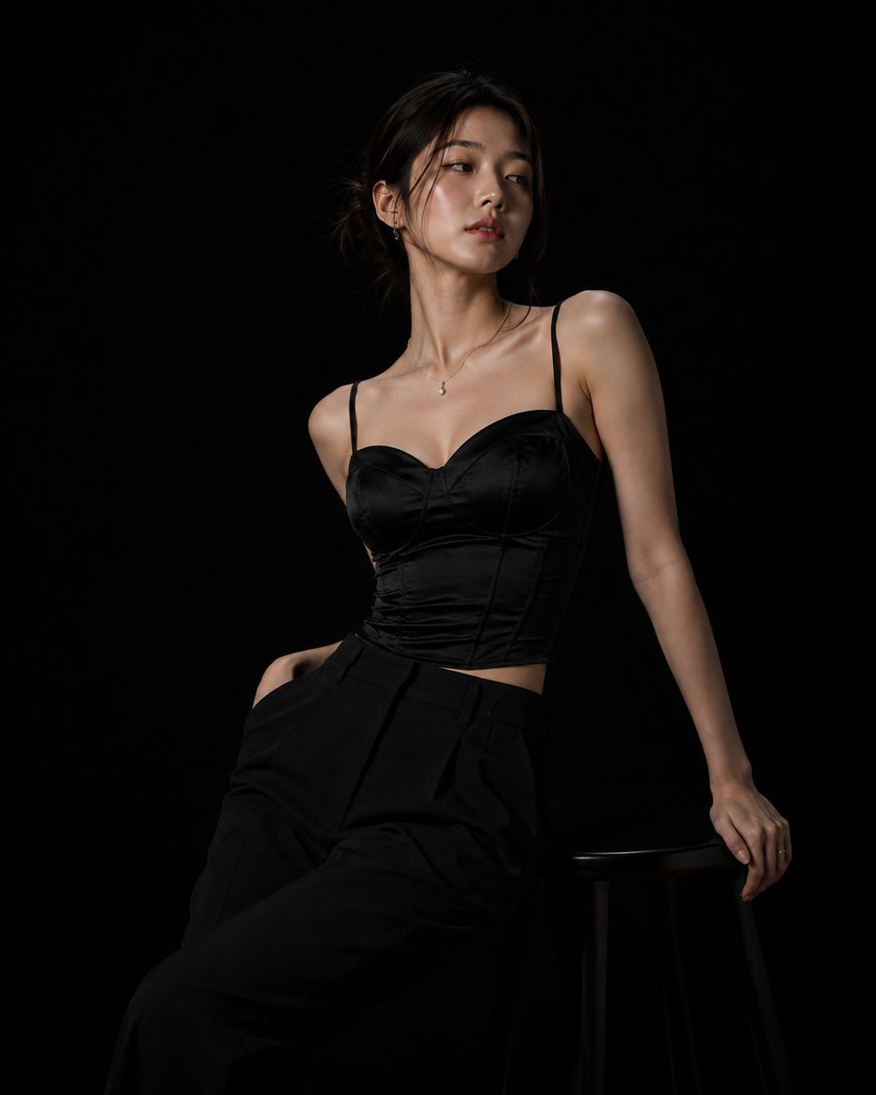 超写实高端时尚摄影棚拍摄:一位美丽的年轻韩国女性,年约二十出头,自信地站在完全无缝的哑光纯黑背景前。光线极其克制且经过精心设计,仅使用一盏柔和的定向主光,只照亮她的面部、头发和轮…