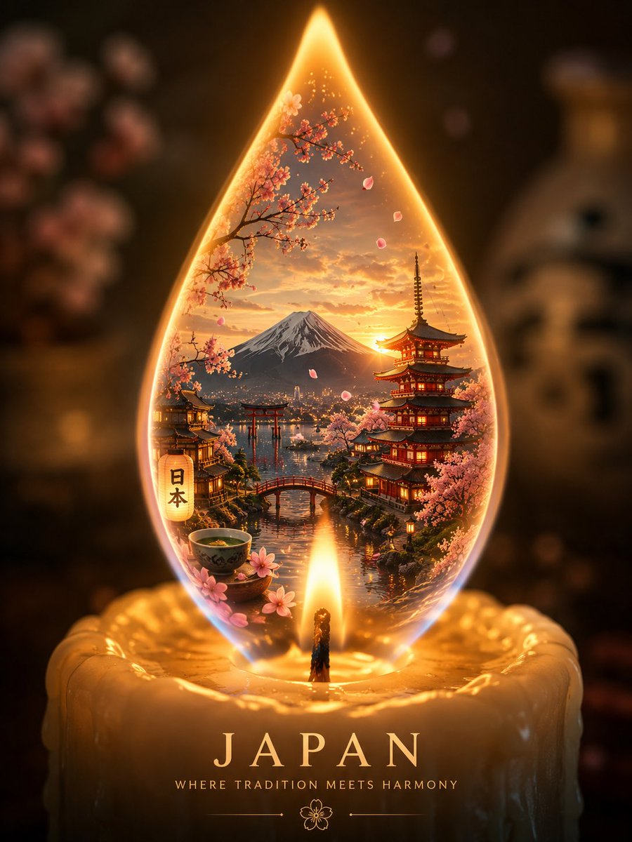 创作一幅令人惊叹的高端竖版 4:5 旅行艺术作品，在发光的烛焰中呈现 [COUNTRY]。 在柔和优雅的深色背景中央，摆放一支奢华的手工蜡烛。火焰并非普通的烛焰，而是化身为代表…