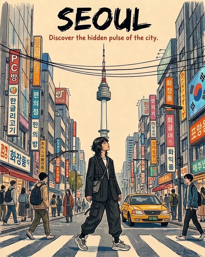 创作一幅充满活力的手绘编辑风格旅行海报，融合首尔与东京的视觉语言，采用怀旧复古的亚洲旅行插画风格。一位时尚的东亚年轻女性自信地走在画面中央前景的宽阔都市斑马线…