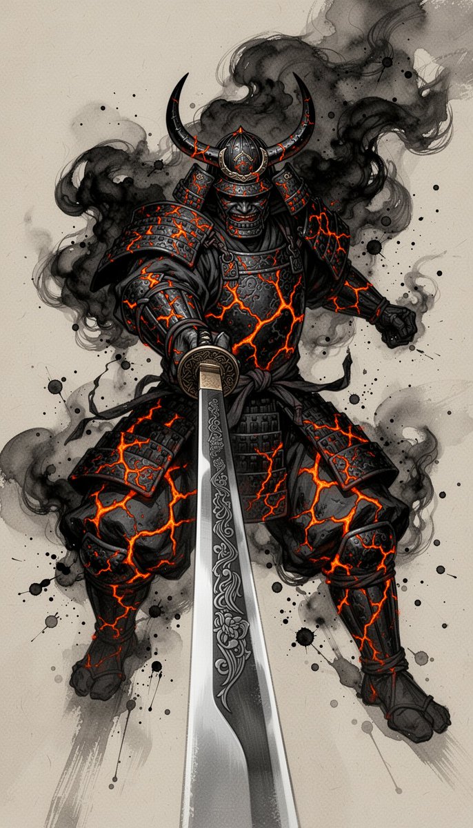 "一个高耸的恶魔武士战士直接向观者猛冲，身披深色华丽且布满熔岩裂纹的盔甲，脸部被一顶弯曲带角的战盔所遮蔽，双手紧握一柄刻纹武士刀，以夸张的强制透视直刺镜头，身…