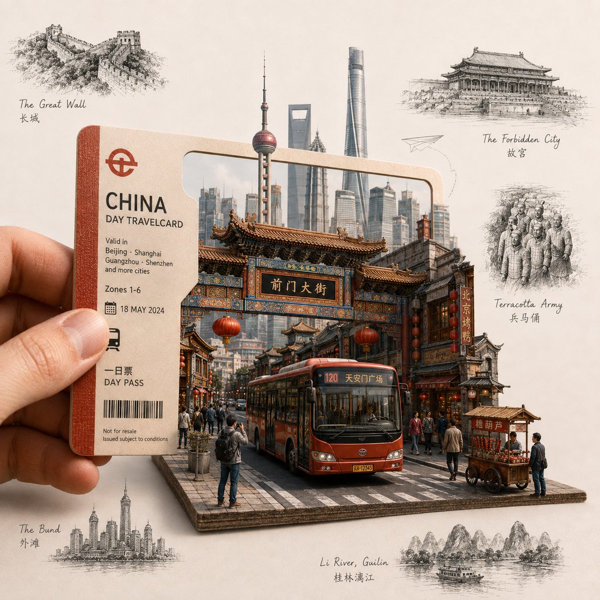GPT Image 2 立体模型之旅 在温暖的奶油色纹理纸上打造一个逼真的俄罗斯微缩立体模型旅行海报立体场景。一只真实的手在左侧握着一张复古的"俄罗斯一日游旅行卡（RUSSIA…