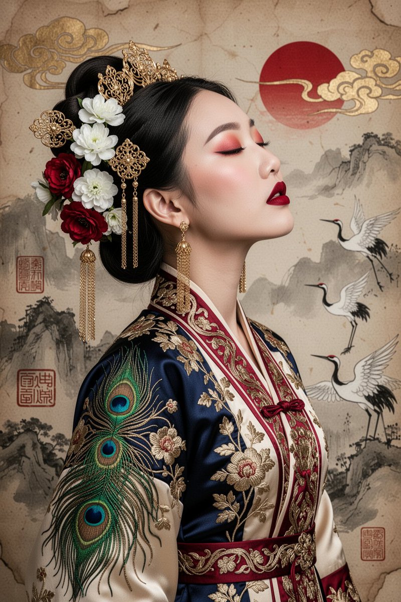 年轻亚洲女性的超精细肖像，身着华丽的传统灵感服饰，右侧面向的侧面视角，头部后仰，双眼轻闭，嘴唇微张，神态安详。无瑕的瓷器肌肤，柔和的红色眼影，深红色唇膏。精致…