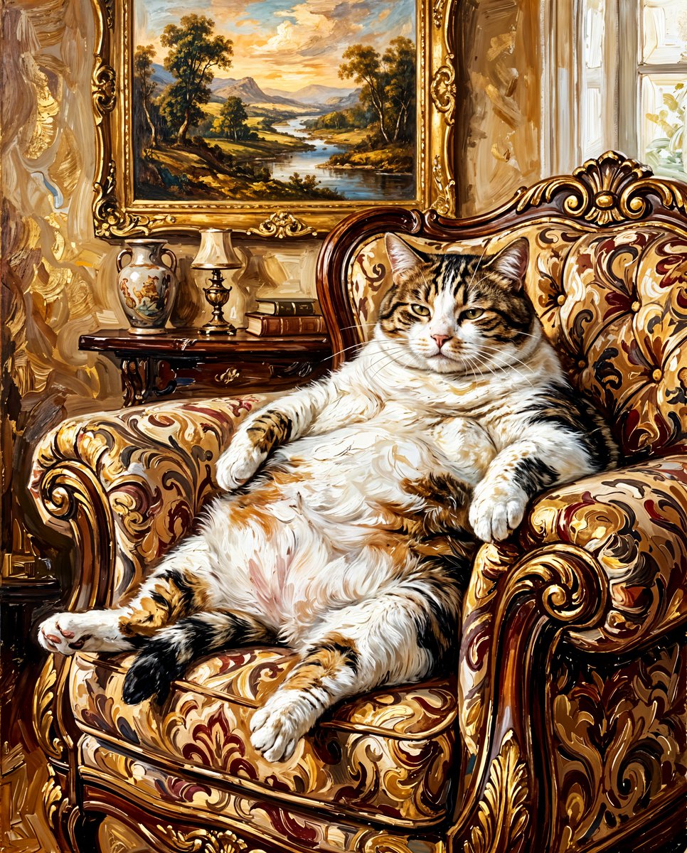 一只非常肥胖的猫正慵懒地躺在一把华丽的天鹅绒扶手椅上。这只猫以白色为主,头部、背部和尾巴上有棕色和黑色的虎斑斑纹。它的肚子异常肥大,向下垂着。猫的前爪搭在扶手上,后腿舒展地伸开…