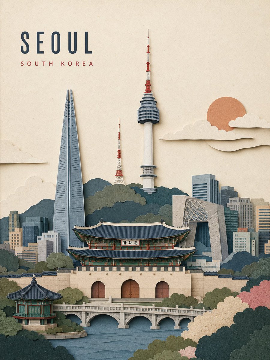 创建一张精致的竖版 3:4 旅行海报,以 {CITY} 为主题,采用手工分层剪纸地标拼贴风格。 仅使用城市名称。识别其所在国家、建筑特征、景观、视觉氛围,以及 3–4 个真正位于…