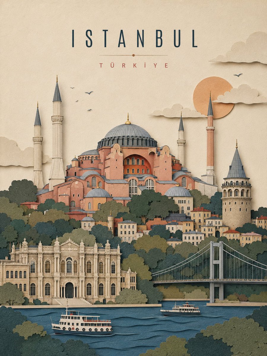 创建一张精致的竖版 3:4 旅行海报,以 {CITY} 为主题,采用手工分层剪纸地标拼贴风格。 仅使用城市名称。识别其所在国家、建筑特征、景观、视觉氛围,以及 3–4 个真正位于…