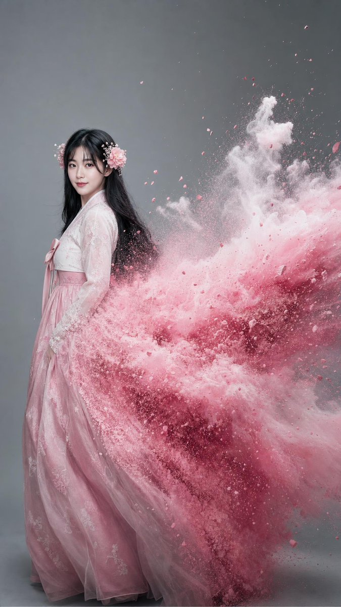 创作一幅超写实韩国高级时尚棚拍全身肖像：人物身穿优雅的粉彩粉色韩服，留着长发，两侧佩戴精致的花朵发饰。韩服在物理上变体为巨大而浓郁的粉彩粉色颜料云团，并朝画面…