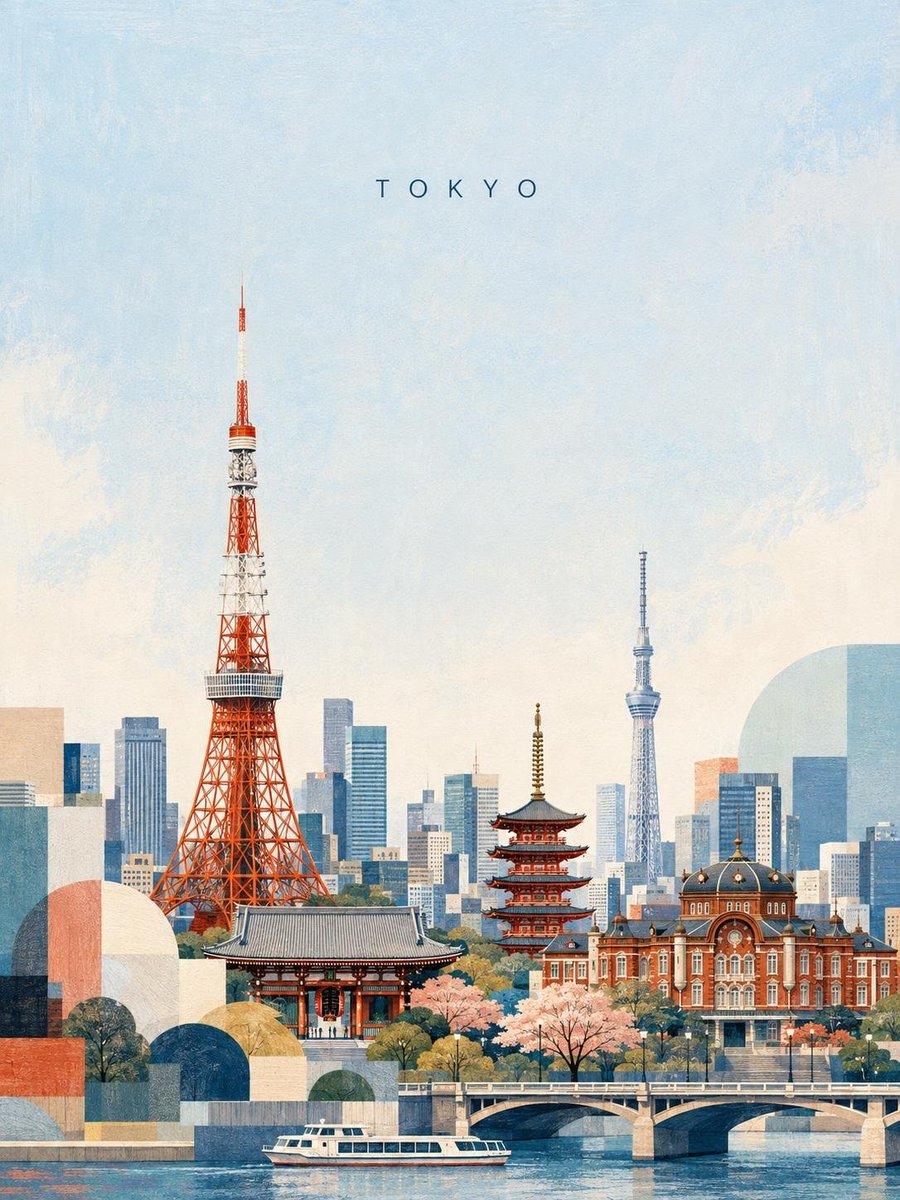 创作一幅精致的编辑风格台北旅行海报插画,灵感来自复古现代主义旅行艺术。以台北101作为主导地标,高耸于层层叠叠的城市天际线之上,前景为中正纪念堂,搭配传统台湾建筑、葱郁树木、远处…