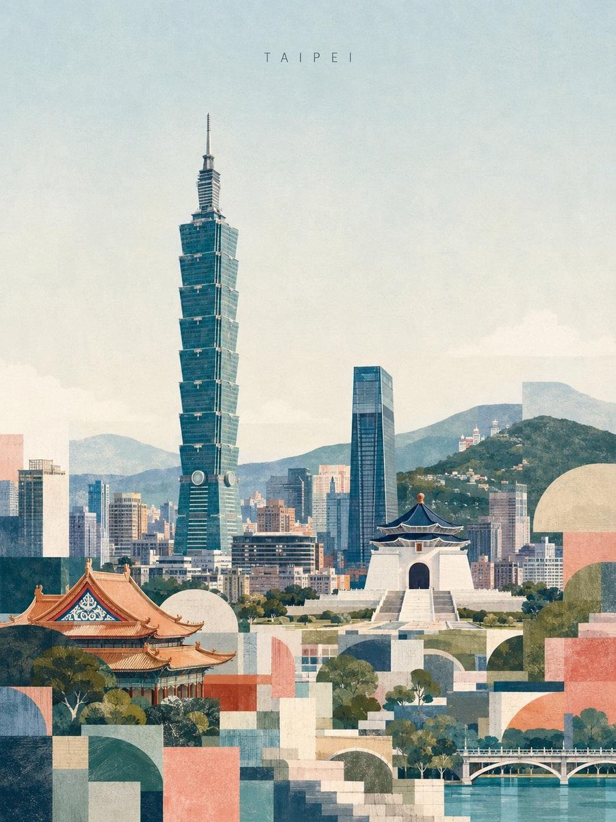 创作一幅精致的编辑风格台北旅行海报插画,灵感来自复古现代主义旅行艺术。以台北101作为主导地标,高耸于层层叠叠的城市天际线之上,前景为中正纪念堂,搭配传统台湾建筑、葱郁树木、远处…