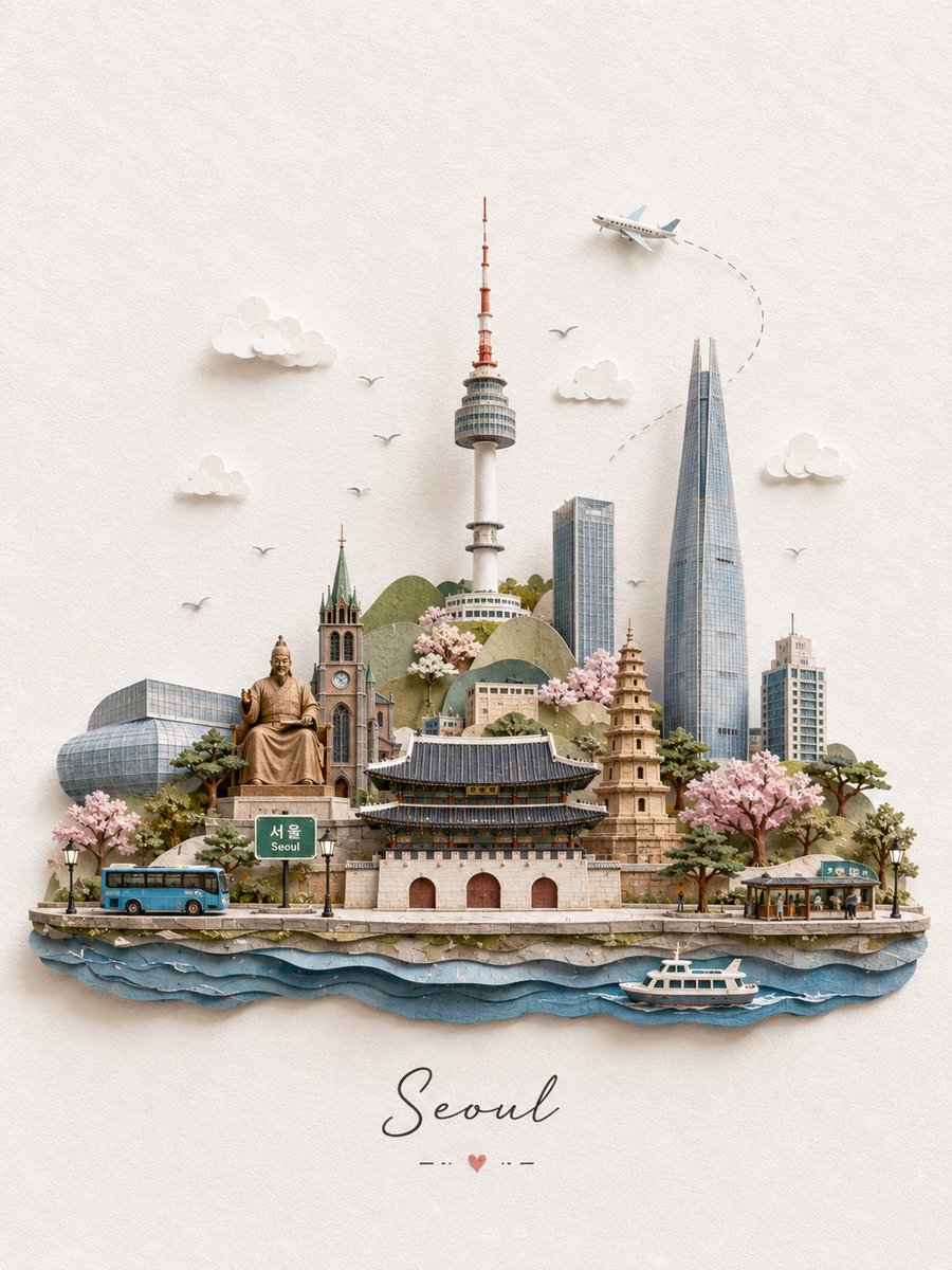 创作一幅迷人的 3D 微型纸艺旅行插画，主题为 [DESTINATION]，设计成一张精致的手工旅行明信片。仅使用目的地名称来标识地点，然后将最具辨识度的当地地标、建筑和文化元素…