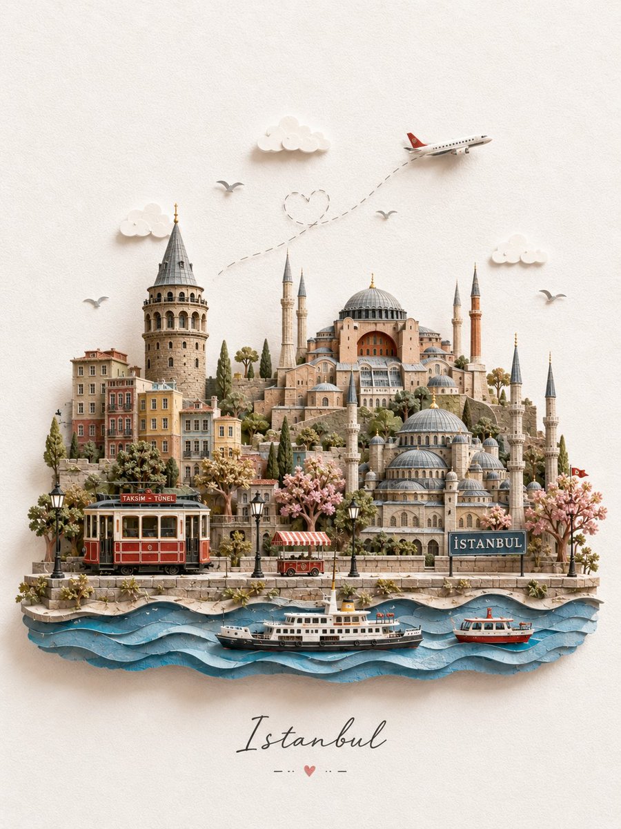 创作一幅迷人的 3D 微型纸艺旅行插画，主题为 [DESTINATION]，设计成一张精致的手工旅行明信片。仅使用目的地名称来标识地点，然后将最具辨识度的当地地标、建筑和文化元素…