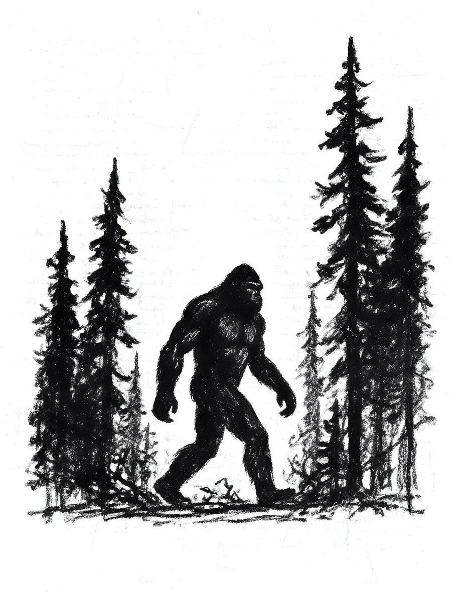 一幅黑白、带有颗粒感、类似素描的插画描绘了一只大脚怪在森林中行走的身影。大脚怪是画面中央的主体，以深色剪影呈现，可以看到明显的肌肉轮廓。在大脚怪的左右两侧是风…