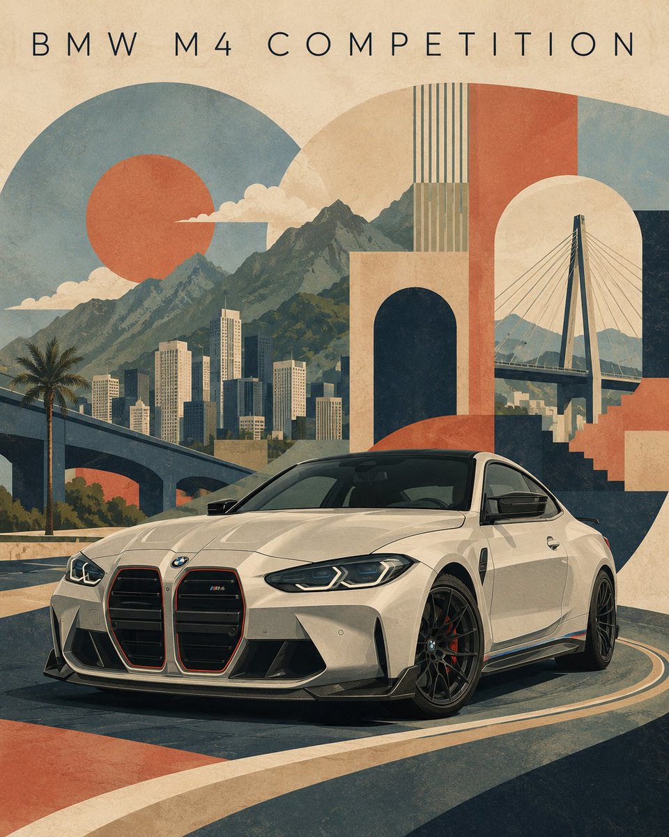 BMW M4 Competition —— 复古现代主义旅行海报 创作一幅精致的编辑风格旅行海报插画，主题为 BMW M4 Competition，灵感源自复…