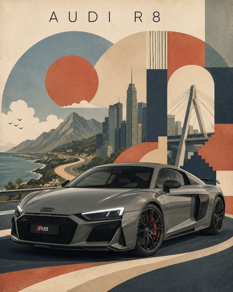 BMW M4 Competition —— 复古现代主义旅行海报 创作一幅精致的编辑风格旅行海报插画,主题为 BMW M4 Competition,灵感源自复古现代主义旅行艺术…