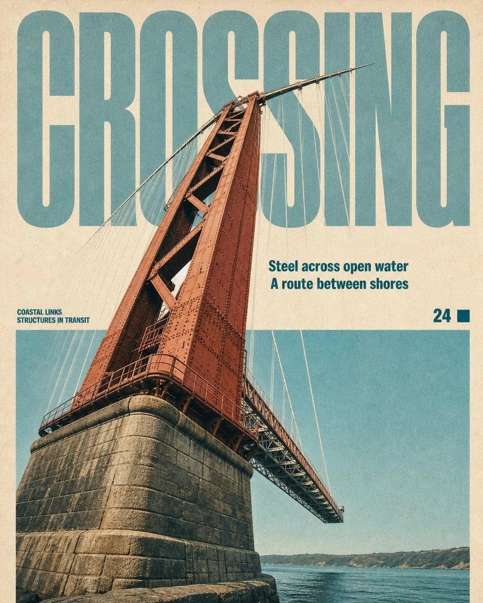 创作一张复古编辑风格旅行杂志海报，灵感源自20世纪中叶的交通运输与工程出版物。以宏伟的 [SUBJECT] 作为主要摄影对象，采用富有戏剧性的仰拍视角、强烈的几何构图和清晰的建筑…