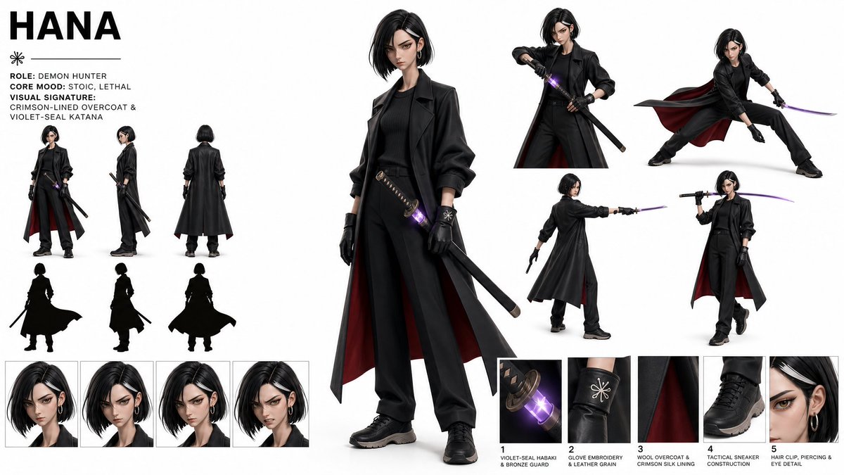 创建一个高级、现代、时尚的"角色概念设定图(CHARACTER CONCEPT ART SHEET)",采用 16:9 宽屏布局,背景为纯白色。艺术风格以所附…