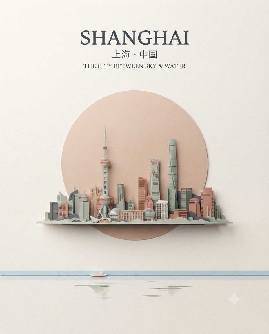 创作一张高端竖版 4:5 极简主义旅行海报，主角为 [CITY]（城市），[COUNTRY]（国家），灵感源自现代纸张雕塑，采用原创、优雅的构图。 以一座标志性的建筑轮廓为主体…