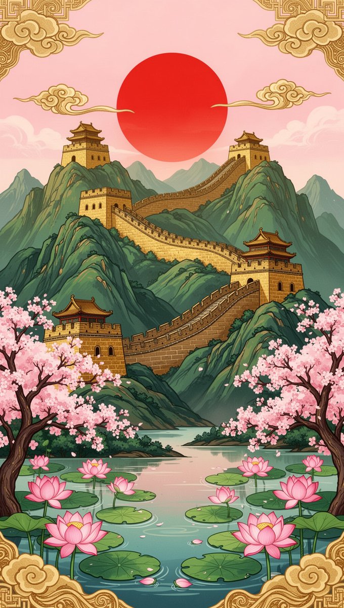 插画:金色的长城蜿蜒穿过翠绿的山峦,配以传统宝塔式烽火台,前景是粉色的樱花树,宁静的莲花池中盛开着粉色莲花和浮萍,粉彩色天空中的巨大红日,华丽的金色祥云纹样…
