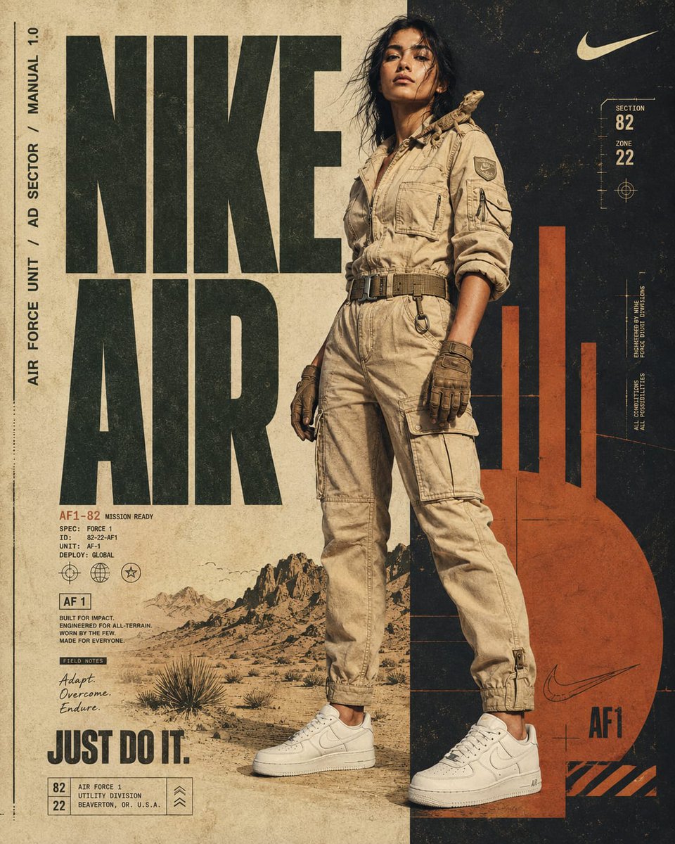 任务准备就绪:野战手册版 提示词⤵️ 主体:一位自信的年轻女性,留着蓬松深色头发,身着战术沙漠连体服(黄褐色/卡其色工装连体裤,配有多个 cargo 口袋、一条宽幅帆布腰带,以及…