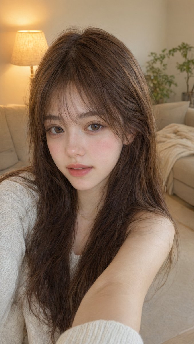 [Qwen Image 3.0 Pro 提示词] | ar 9:16 2K 图像细节与提示词解析 视觉风格与氛围 风格：柔和梦幻的特写自拍肖像，温暖舒适的室内美学 基调：温柔、纯…