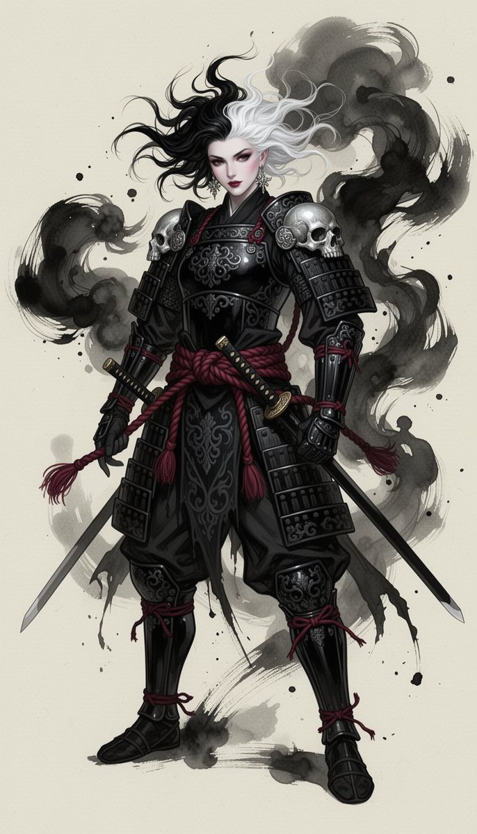 9:16 竖版全身奇幻角色插画，暗黑武士哥特美学，高级时装战士设计，绘画感概念艺术，富有表现力的水墨笔触能量。一位引人注目的奇幻战士，狂野的黑白相间头发，苍白…
