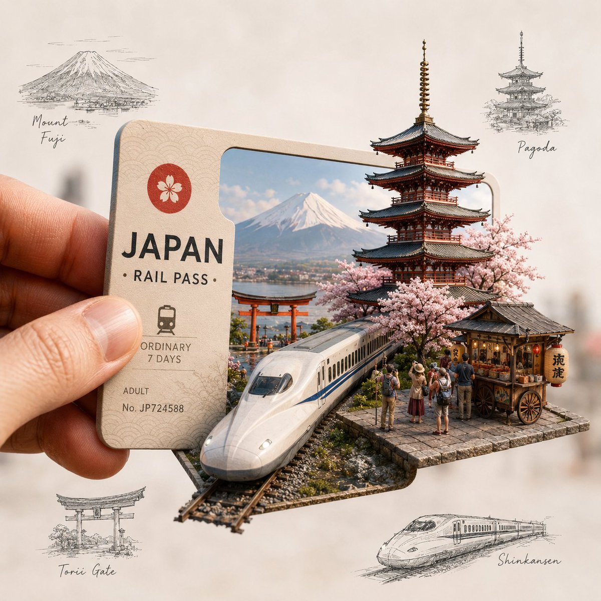 日本在手——传统与未来相遇之处 一段穿越日本的微缩之旅:永恒的文化、樱花、富士山、宝塔与未来感十足的新干线,全部从一张旅行通票中浮现。 有些旅程仿佛踏入另一个世界。🇯🇵 从静谧的…
