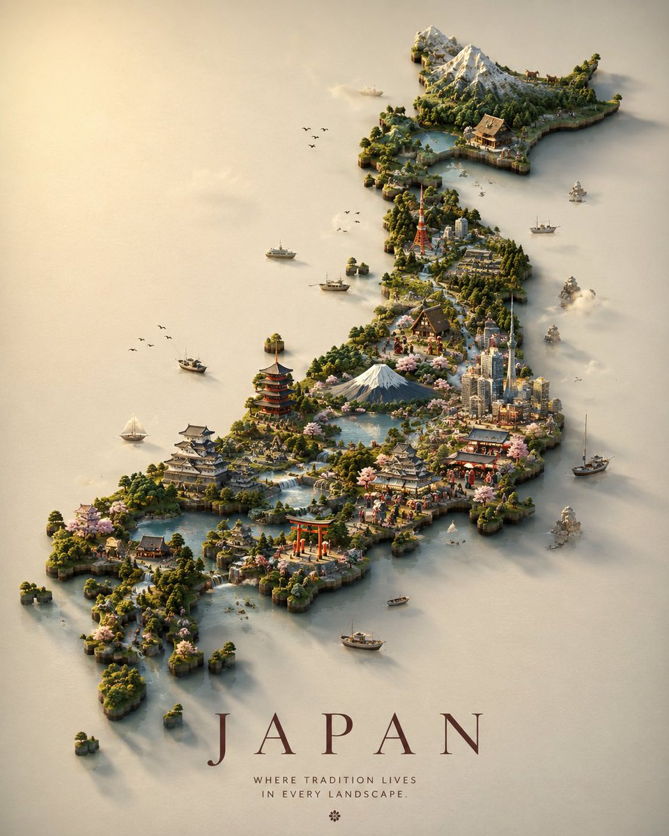 创作一张高端竖版 4:5 概念旅行海报，主题国家为 [COUNTRY]，设计为一张超现实的活体地形图。 整个国家被塑造为一座精雕细琢的 3D 景观，从略微抬高的视角俯瞰。山脉自然…