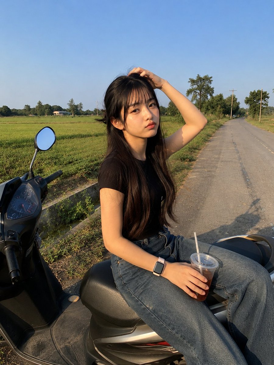 一张高度真实的休闲智能手机照片：一位年轻的东亚女性侧身坐在一辆停在宁静乡间小路边的现代踏板摩托车上。她有着非常长的深棕色直发，自然中分，披在肩上并垂至后背，几…
