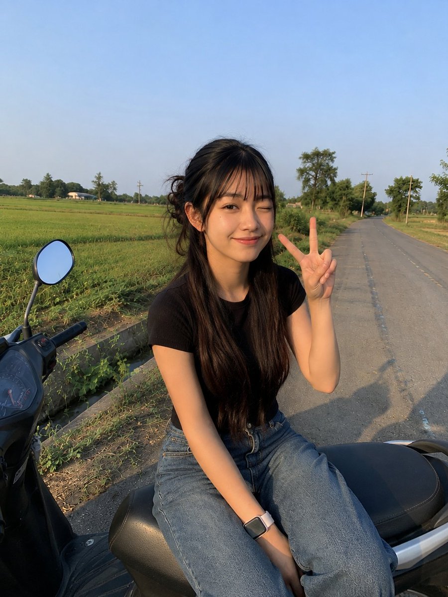 一张高度真实的休闲智能手机照片：一位年轻的东亚女性侧身坐在一辆停在宁静乡间小路边的现代踏板摩托车上。她有着非常长的深棕色直发，自然中分，披在肩上并垂至后背，几缕细碎飞扬的发丝在阳…