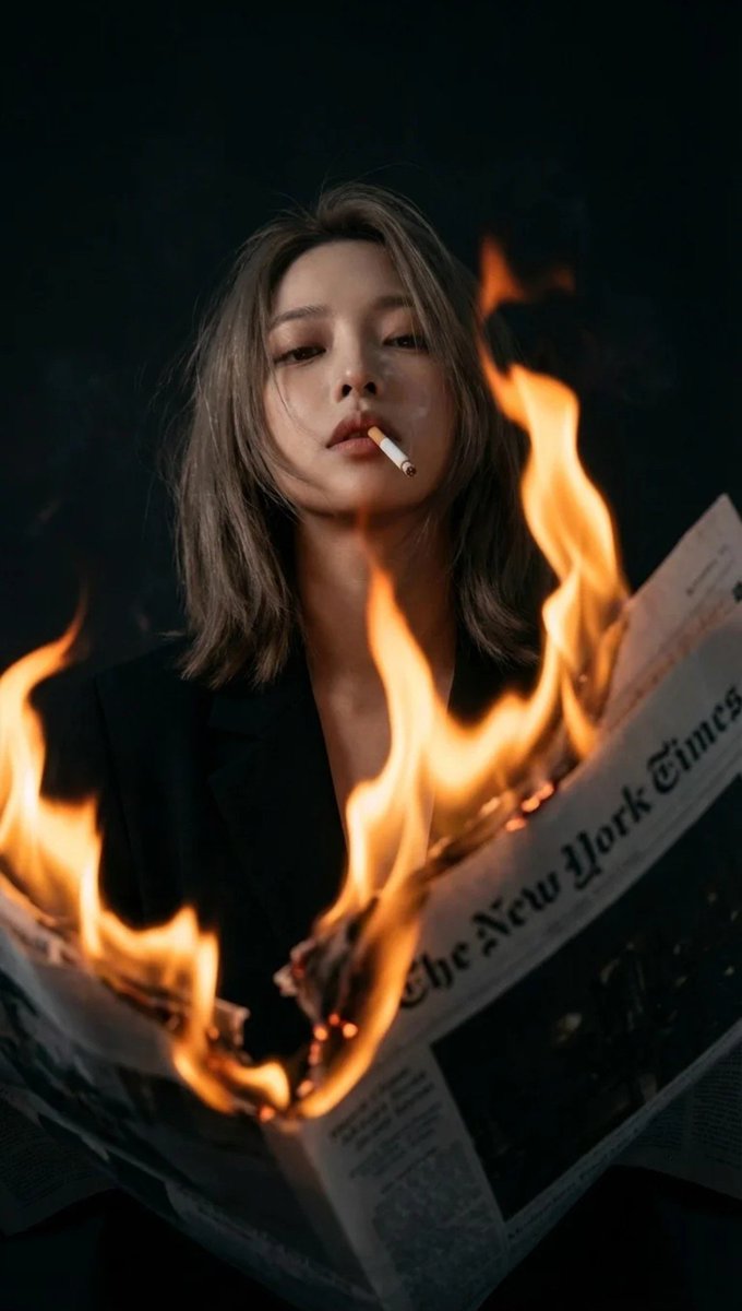 一位年轻女性，略显凌乱的齐肩发，口中叼着香烟，从下方透过火焰拍摄。齐肩发带有自然轻微波浪，稍显凌乱但不狂野——毫不费力的凌乱感，富有生活气息的质感。从火焰中向下凝视镜头，眼神半垂…
