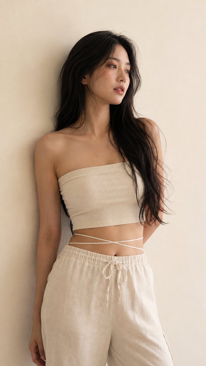 超写实编辑级人像摄影：一位优雅的成年女性，长而丰盈的浓缩咖啡黑色头发，自然的韩系灵感妆容，逼真的皮肤质感，神情平静而梦幻，目光望向右侧。她穿着象牙白色罗纹无肩…