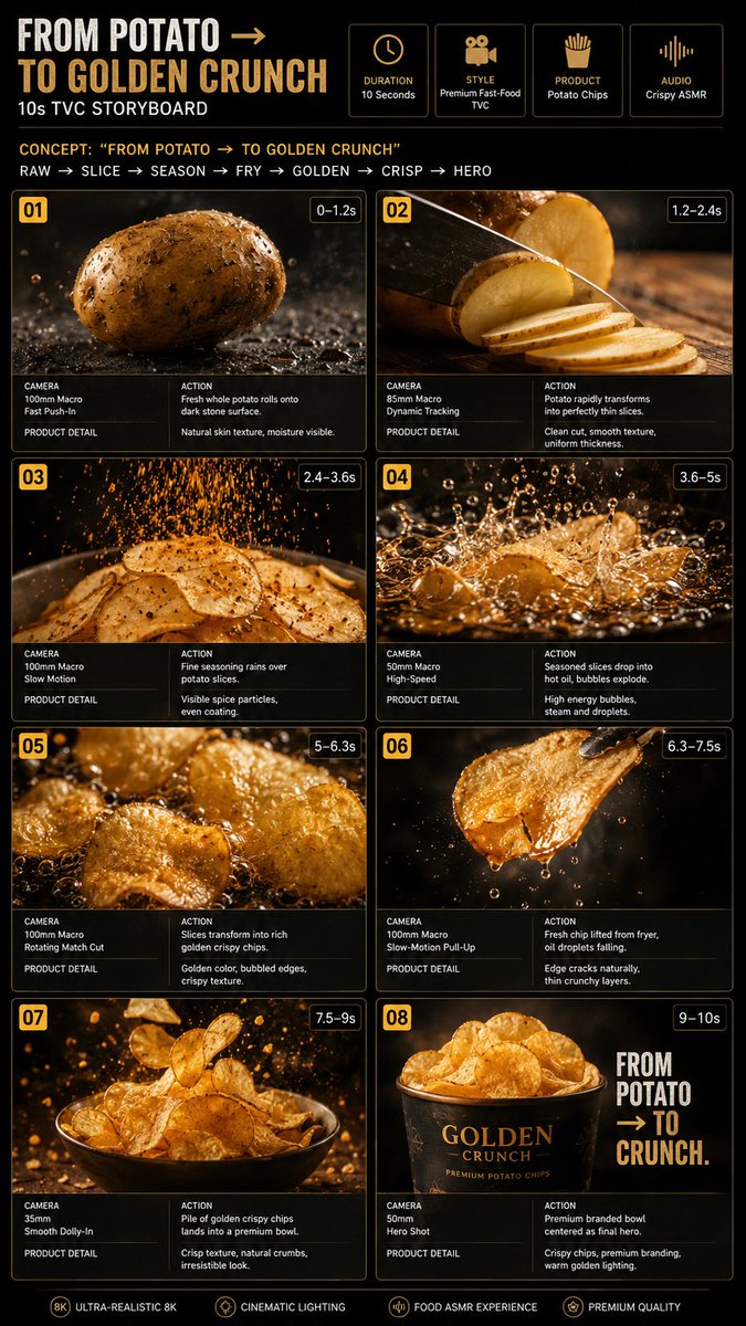 制作一条10秒竖屏9:16高端快餐TVC广告，超写实8K画质，电影级食物摄影，不出现人物，必要时仅显示手部。同一颗土豆贯穿整个变身过程。 概念：“FROM P…