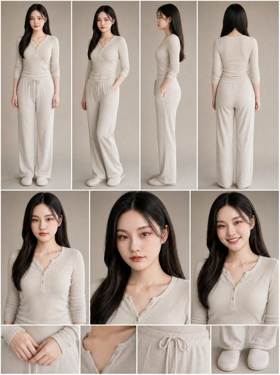 使用上传的女性作为严格身份参考,创建一张超写实高端女性角色参考表。 身份——绝对优先: 保留上传图片中女性的精确身份。 保持她的: - 精确的脸型 - 眼睛…