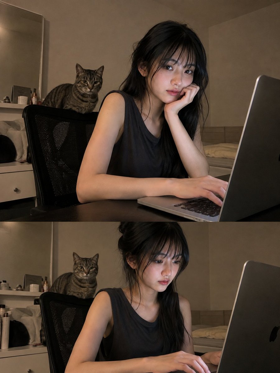 一张高度真实的照片，内容是一位年轻的东亚女性坐在书桌前，在安静的家庭环境中使用笔记本电脑工作。她有一头黑色长发，顺直、自然蓬松，带有蓬松柔和的刘海，碎发自然地…