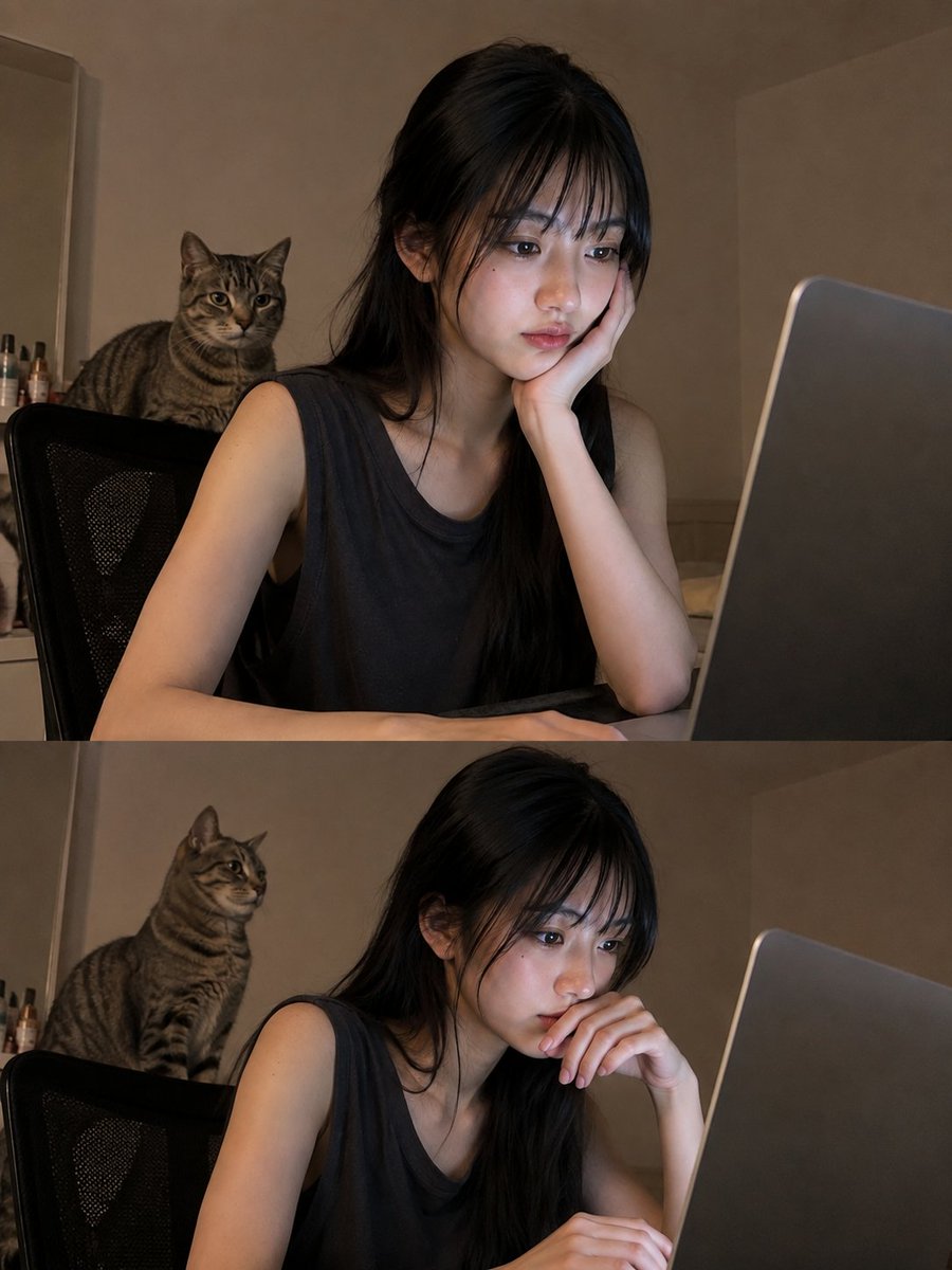 一张高度真实的照片，内容是一位年轻的东亚女性坐在书桌前，在安静的家庭环境中使用笔记本电脑工作。她有一头黑色长发，顺直、自然蓬松，带有蓬松柔和的刘海，碎发自然地垂落在脸颊和肩膀两侧…