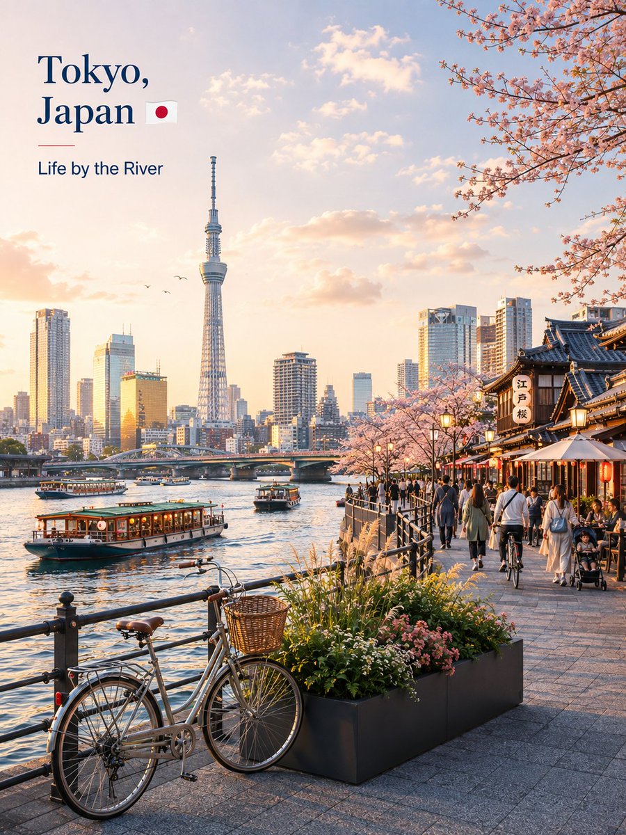 创作一幅精美优雅的日本东京旅行海报风格插画,灵感来自首尔水滨海报的构图,但转变为一座极具辨识度的日本场景。 以风景如画的东京隅田川水滨步道为主角,将传统日本韵味与东京未来感的天际…