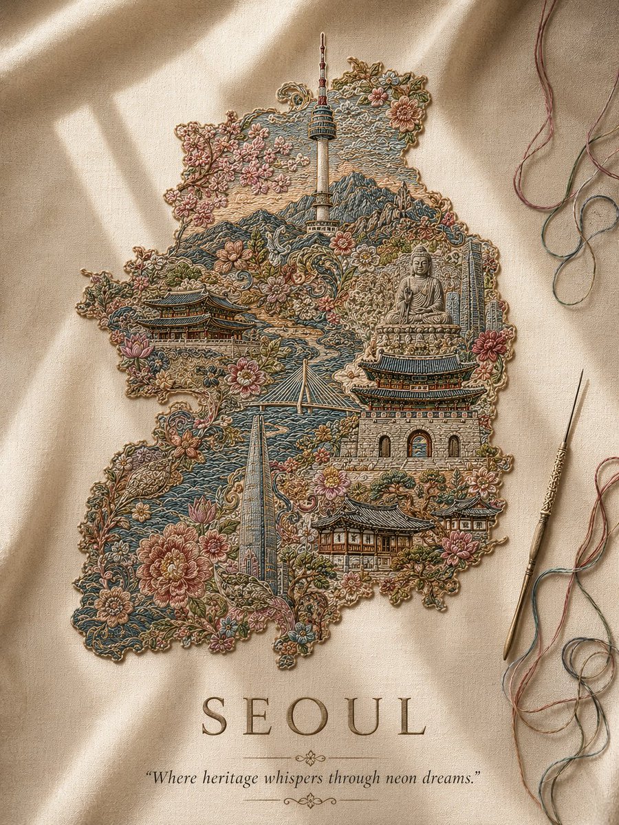 创作一幅令人惊叹的纵向奢华旅行艺术作品,宽高比为3:4,以精美手工刺绣的克什米尔索兹尼(Sozni)刺绣工艺,完整呈现[CITY/COUNTRY](城市/国家)的可识别轮廓剪影…