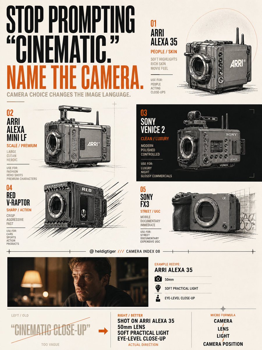 别在每个 Seedance 2.5 提示词里都写 cinematic 了。 试着给它一台真正的摄影机。 ARRI ALEXA 35 —— 拍人大概是我的首选。高光更柔和，肤色好看…