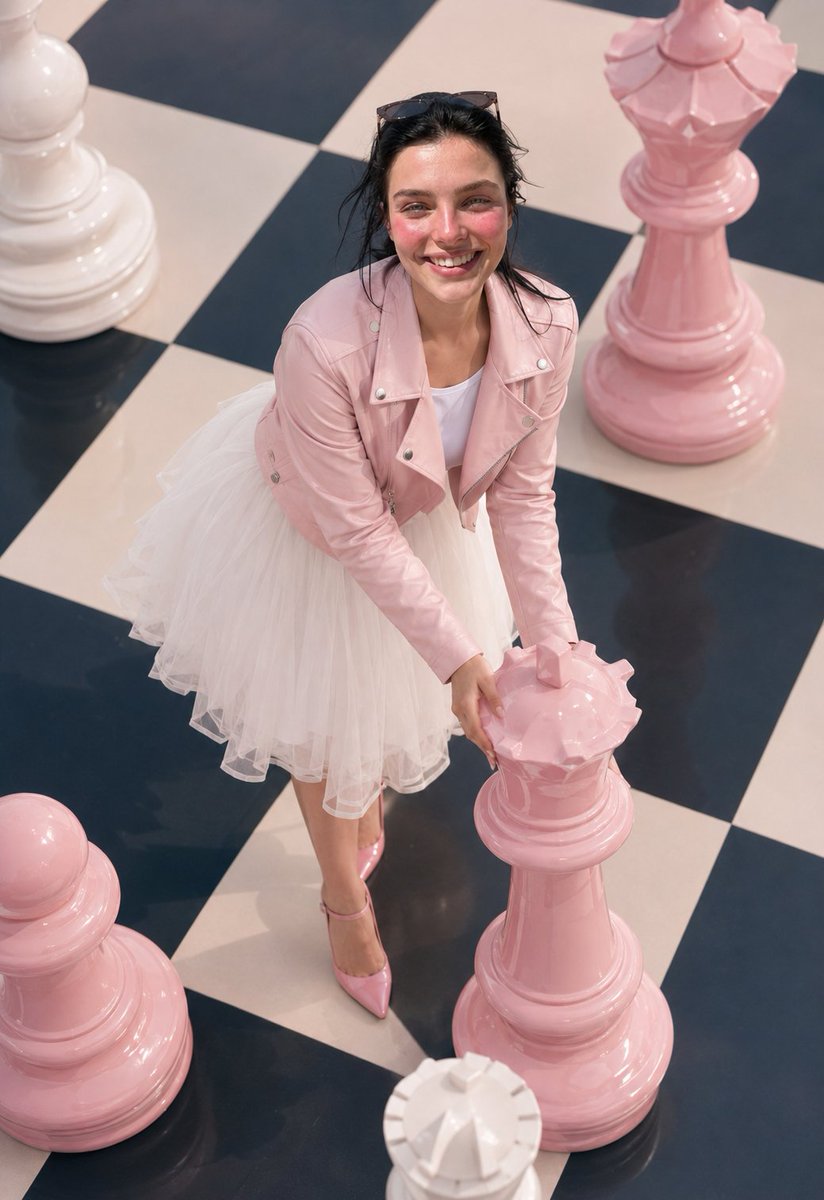 女王的棋步👑 提示词⤵️ 主体：一位年轻女性，深色湿发造型，太阳镜推至头顶，双颊泛着粉色红晕，朝镜头温暖微笑。她微微弯腰前倾，一只手向下伸去触摸一个超大粉色国际象棋"后"棋子的冠…
