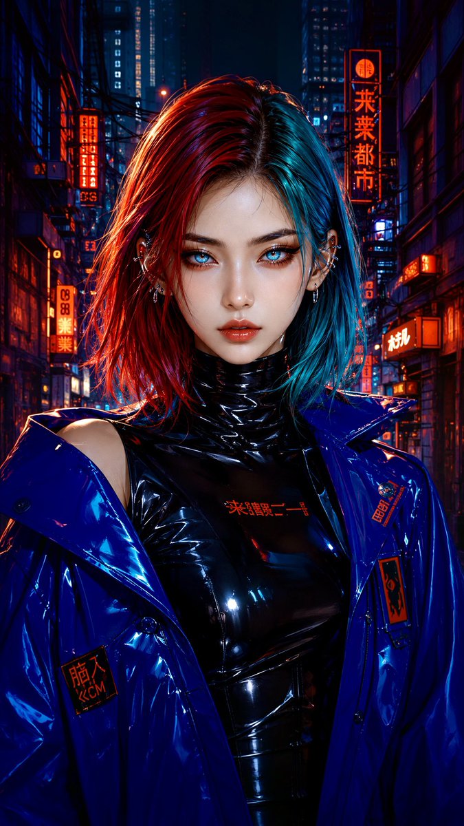 一幅风格化的赛博朋克时尚肖像,画中是一位引人注目的年轻女性,她有着光滑的齐肩酒红-青蓝色头发、明亮的冰蓝色眼睛、锋利的眼线、光泽的珊瑚色嘴唇,以及一只眼睛下方隐约的红色印记。她面…