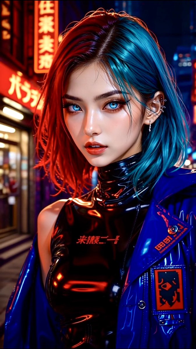 一幅风格化的赛博朋克时尚肖像,画中是一位引人注目的年轻女性,她有着光滑的齐肩酒红-青蓝色头发、明亮的冰蓝色眼睛、锋利的眼线、光泽的珊瑚色嘴唇,以及一只眼睛下方隐约的红色印记。她面…