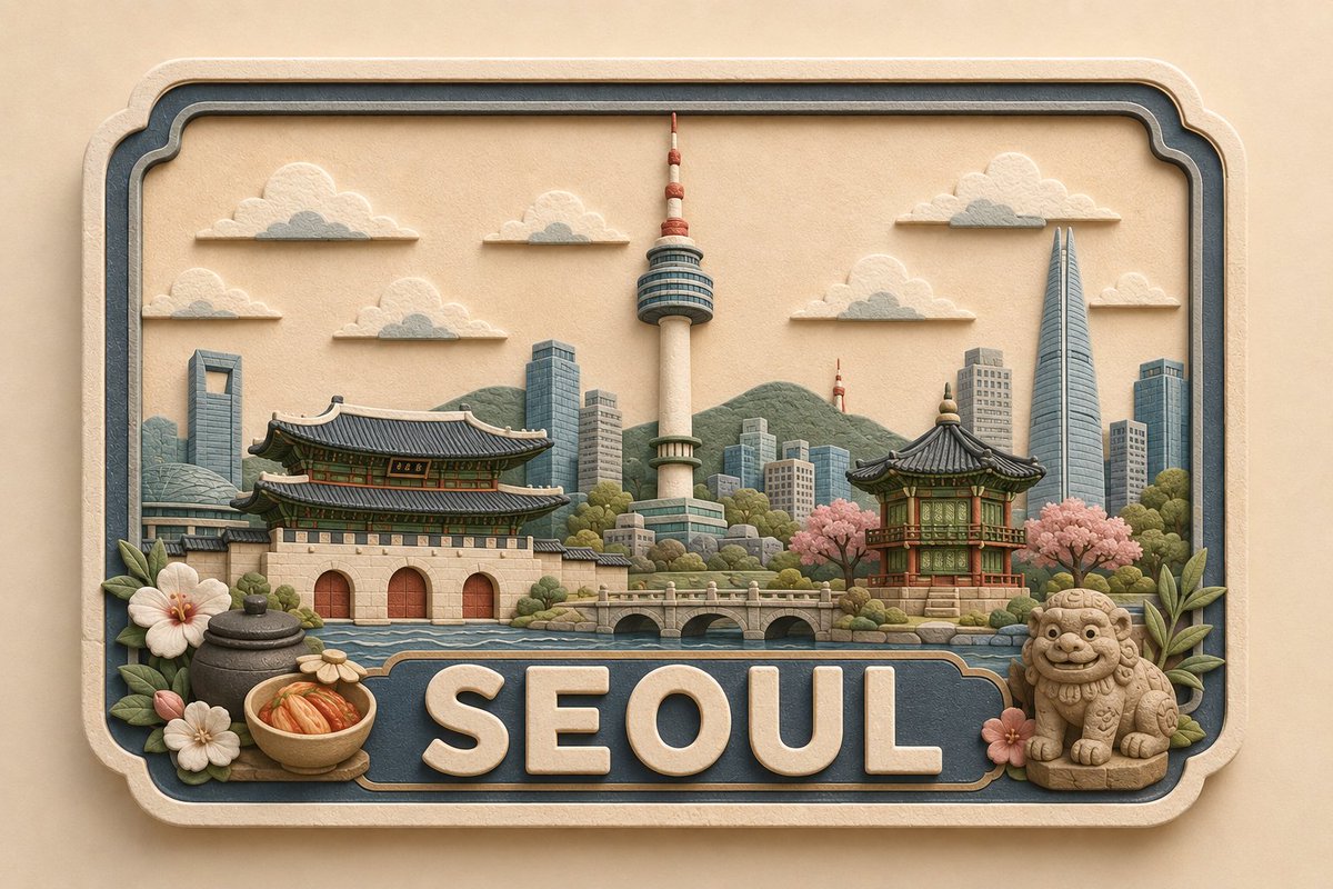 为 [LOCATION] 制作一款高级、可爱、手工感的 3D 纸艺与软陶目的地铭牌，作为统一全球收藏系列的一部分。 构图与几何：在归一化 100×100 网格上使用固定的水平带框…