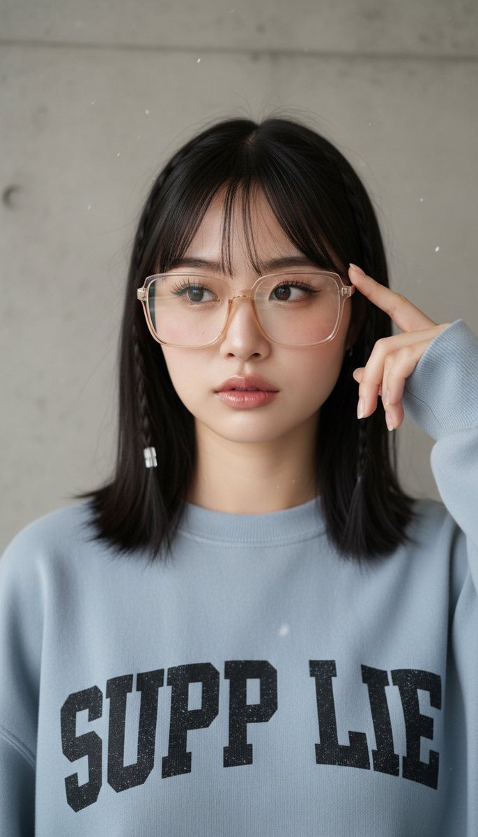 [Nano Banana 提示词] ar 9:16 一张年轻东亚女性的特写肖像，皮肤白皙，妆容柔和自然，颧骨上有淡淡的粉色腮红，睫毛分明，嘴唇呈现光泽的浅粉色。她留着齐肩的黑色直…