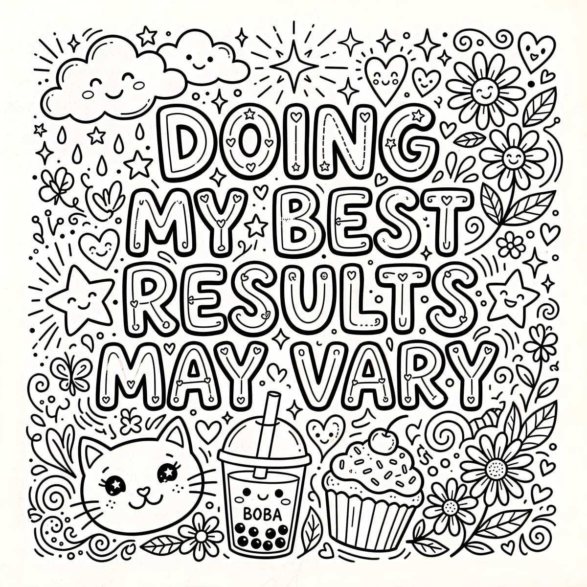 一幅黑白线条画以醒目的大号粗体泡泡字呈现文字 "DOING MY BEST RESULTS MAY VARY"（意为"尽我所能，结果可能会有所不同"。文字周围…