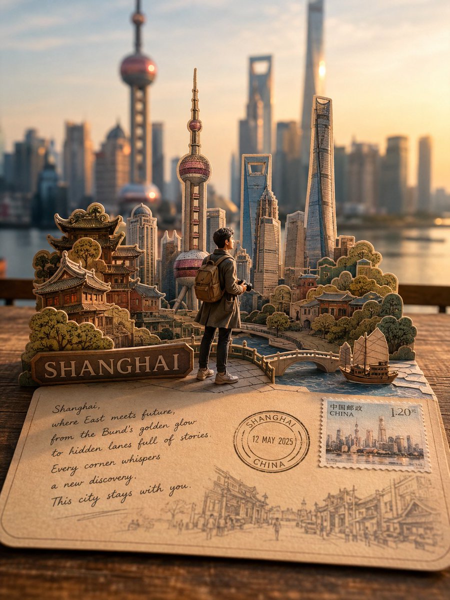 一张高度精细、照片写实风格的[DESTINATION]旅行明信片立体模型，为Instagram设计，从略微抬起的视角观看。一张真实的复古明信片置于前景，带有圆角、逼真的纸张质感、…
