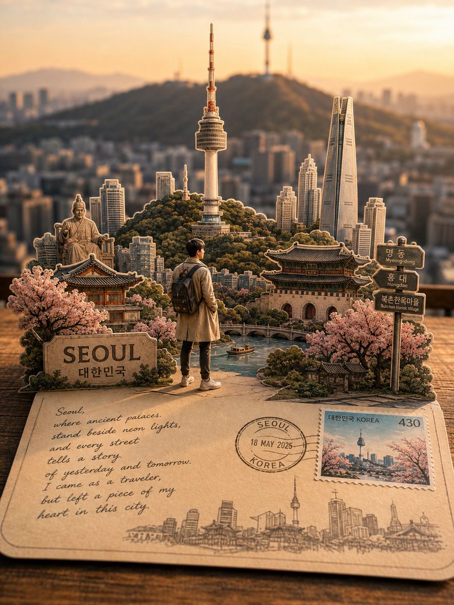 一张高度精细、照片写实风格的[DESTINATION]旅行明信片立体模型，为Instagram设计，从略微抬起的视角观看。一张真实的复古明信片置于前景，带有圆角、逼真的纸张质感、…