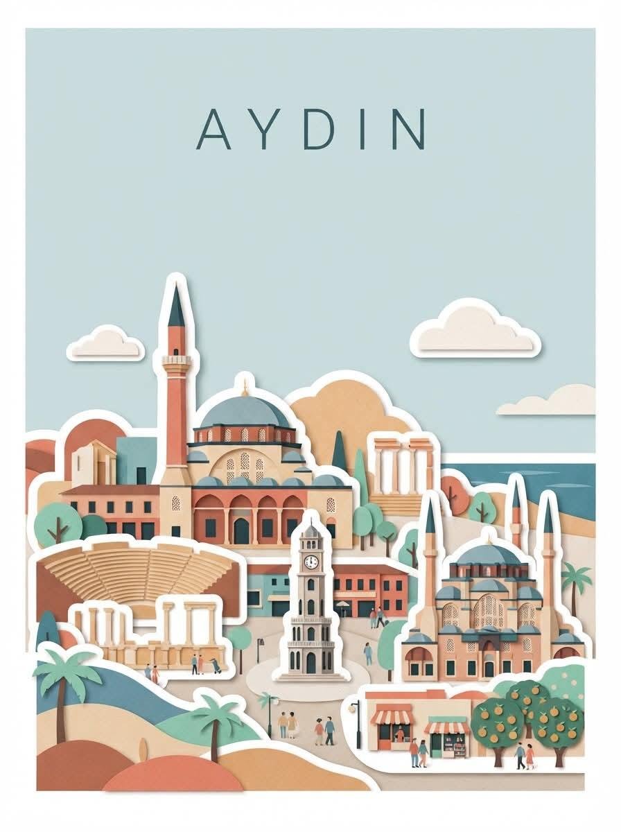 创作一幅极简编辑风格的旅行海报，主角为 [CITY, TURKEY]，灵感来自现代剪纸拼贴与手工旅行插画。使用温暖的奶油色/米白色纹理纸张背景，并采用干净的矩…