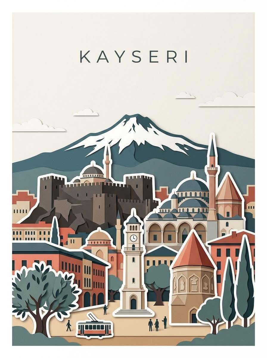 创作一幅极简编辑风格的旅行海报，主角为 [CITY, TURKEY]，灵感来自现代剪纸拼贴与手工旅行插画。使用温暖的奶油色/米白色纹理纸张背景，并采用干净的矩形海报构图。在顶部…
