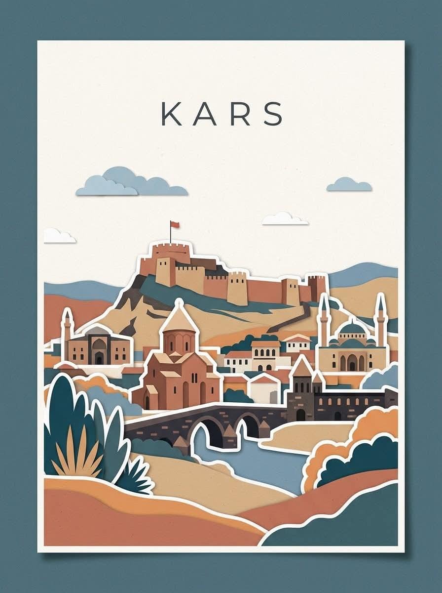 创作一幅极简编辑风格的旅行海报，主角为 [CITY, TURKEY]，灵感来自现代剪纸拼贴与手工旅行插画。使用温暖的奶油色/米白色纹理纸张背景，并采用干净的矩形海报构图。在顶部…